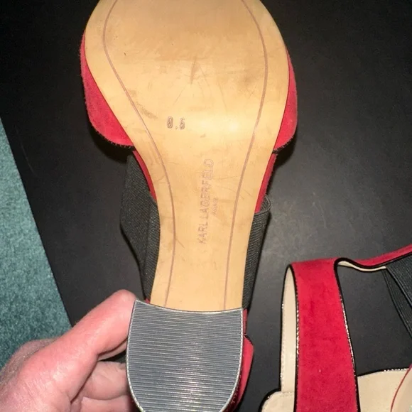 Karl Lagerfeld Paris T Strap Rosalie Red Suede Heels Size 8.5 - Picture 11 of 11